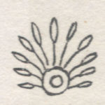 A circle within a circle and stylized feathers like a peacocks tail sticking out left, right, up.